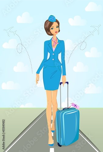 Smiling flight attendant in blue uniform with suitcase