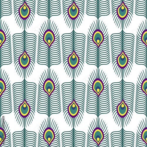 Seamless abstract pattern with peacock feather on white background. Decorative texture with peacock feathers. Cute peafowl feather background.
