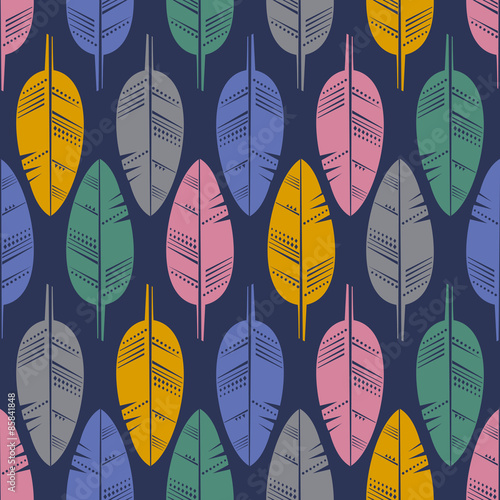 Seamless Pattern of Multicolored Feathers for Modern Wallpaper Textile - Vector. Boho Style texture. Cute feather background.