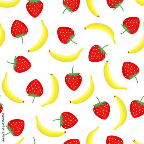 Seamless pattern with yellow bananas and juicy strawberries. Cute vector strawberry and banana background. Bright summer fruits illustration. Fruit mix card.