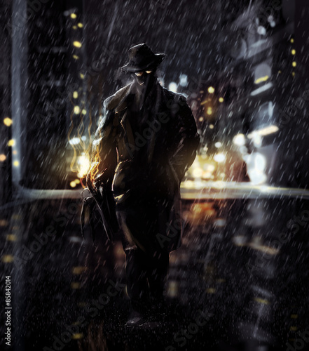 Fotografie Detective walking at night city lights.