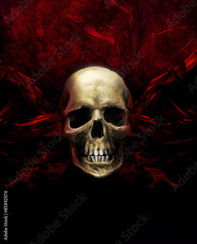 Billede på lærred Human horror skull on crimson grunge textured background illustration