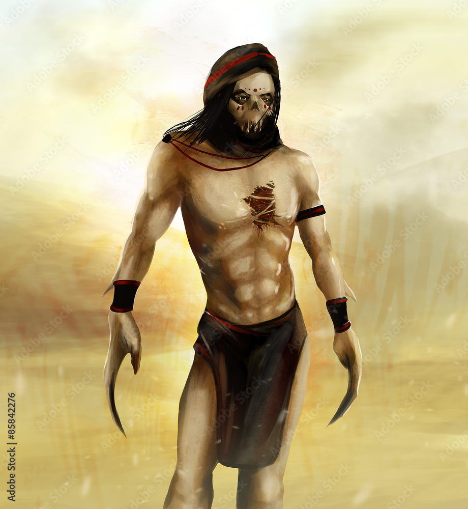 Fantasy arabian desert warrior with skull mask Stock Illustration | Adobe  Stock