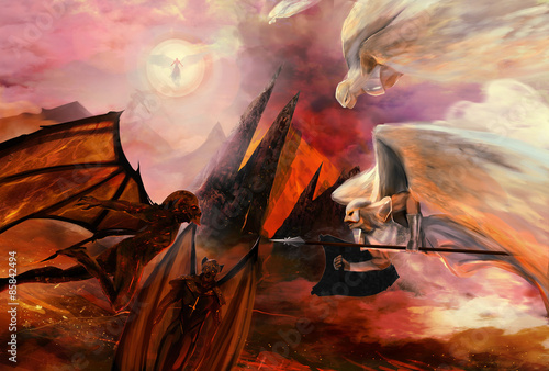 Vászonkép Angels and demons conflict religious battle war scene.