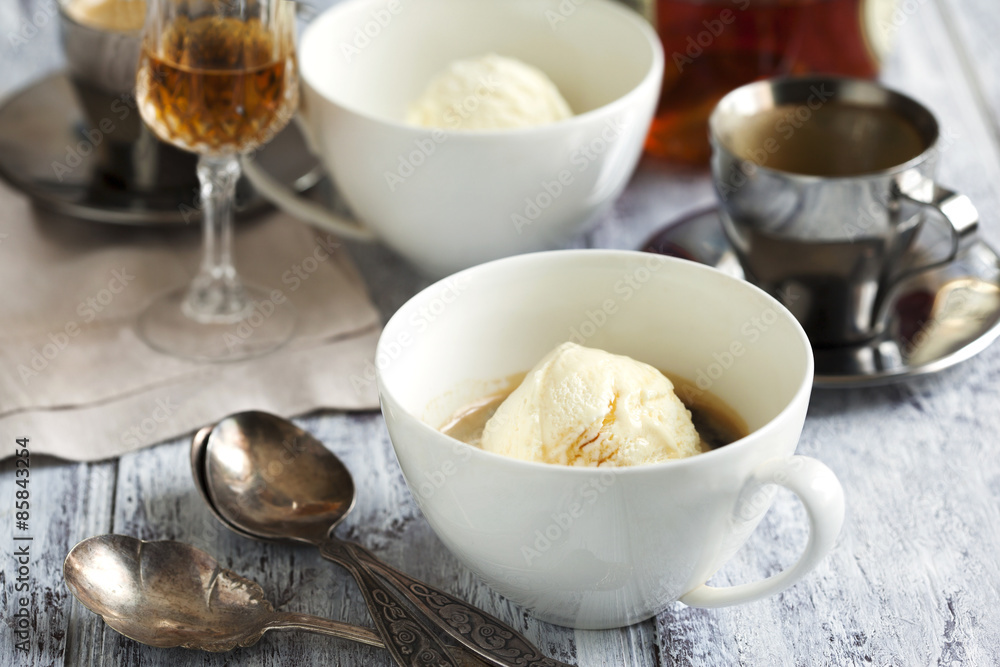Coffee Ice Cream with cognac. Selective focus on ice cream scoop Coffee Ice Cream with cognac. Selective focus on ice cream scoop