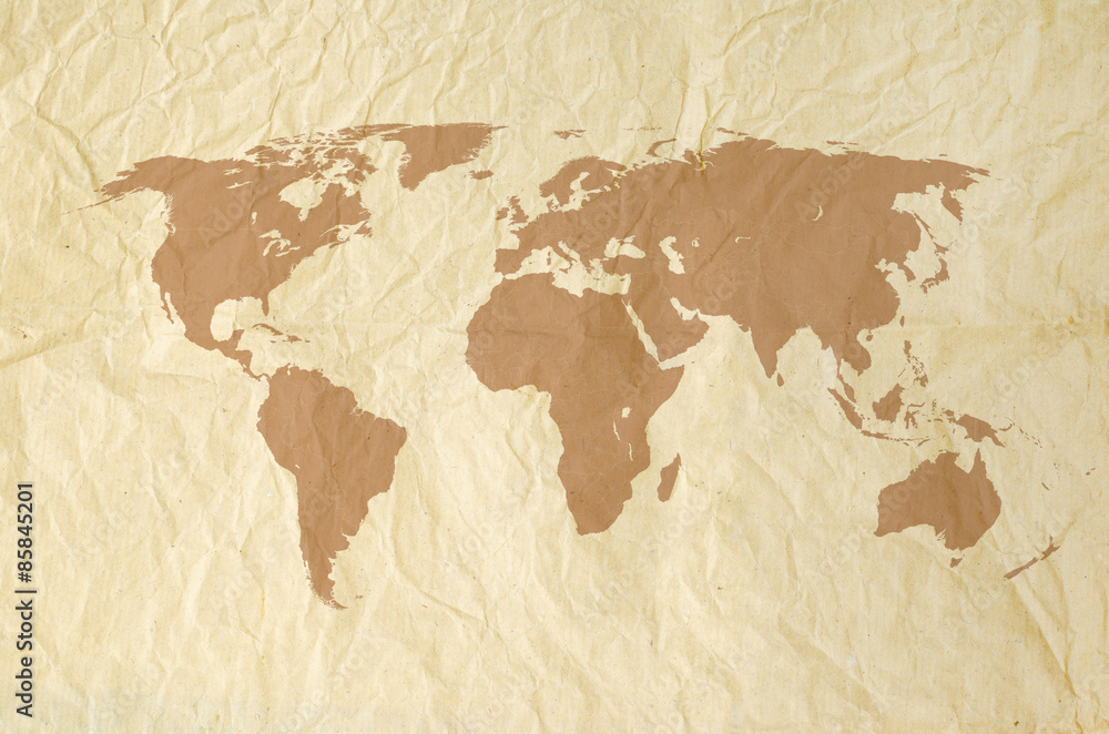 World map on Vintage yallow paper texture background