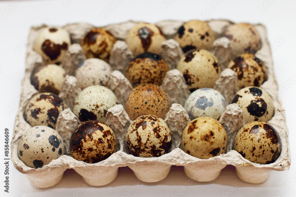 Closeup open package with twenty fresh quail eggs Closeup open package with twenty fresh quail eggs