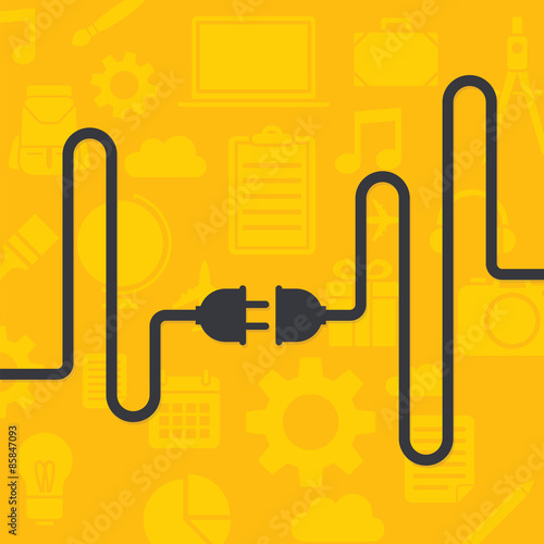 Cable concept with plug and socket in yellow background
