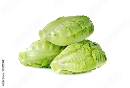 stack of fresh baby cos (lettuce) on white background