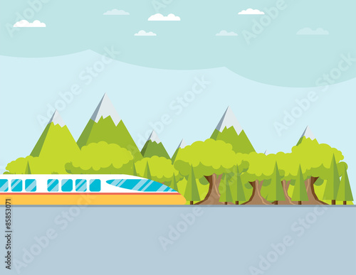 Train on railway with forest and mountains background