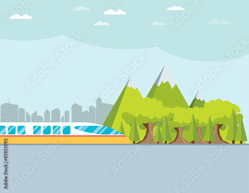 Train on railway with forest and mountains background