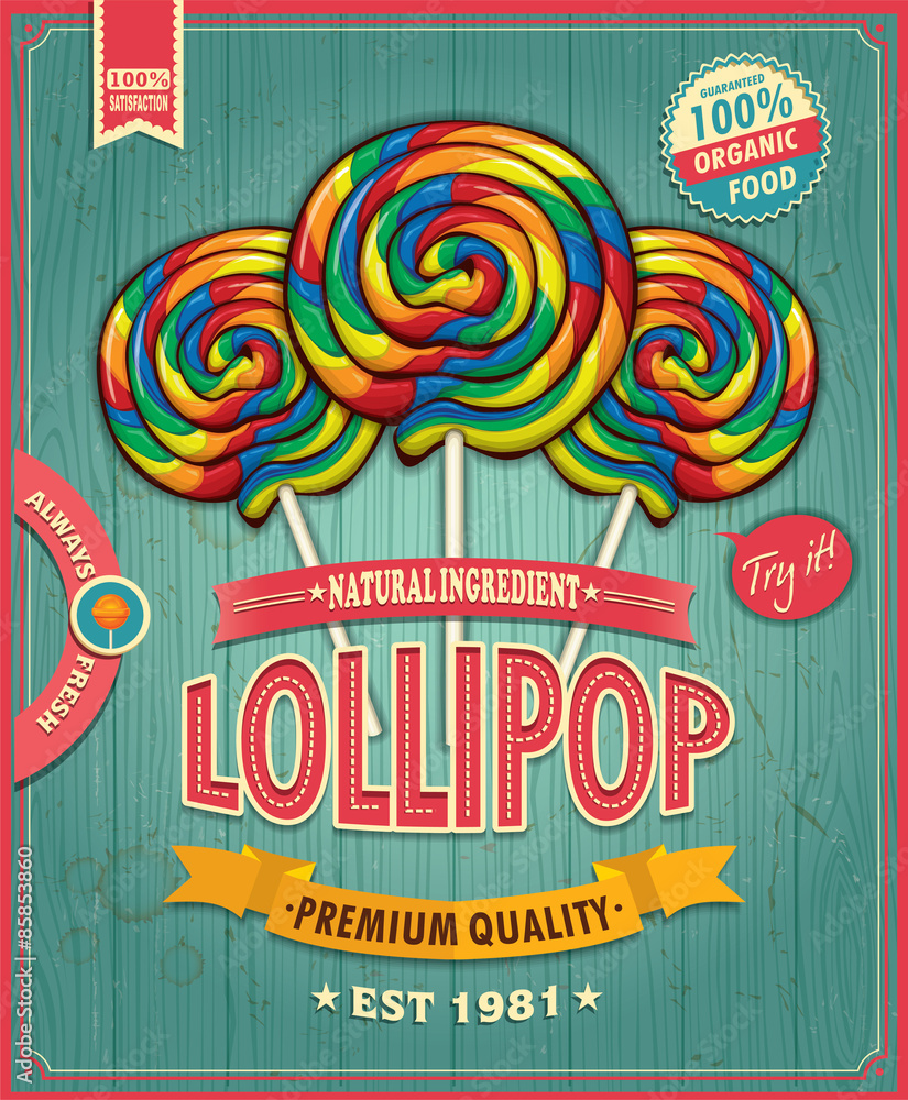 Vintage lollipop candy poster design Stock Adobe Vector | Stock