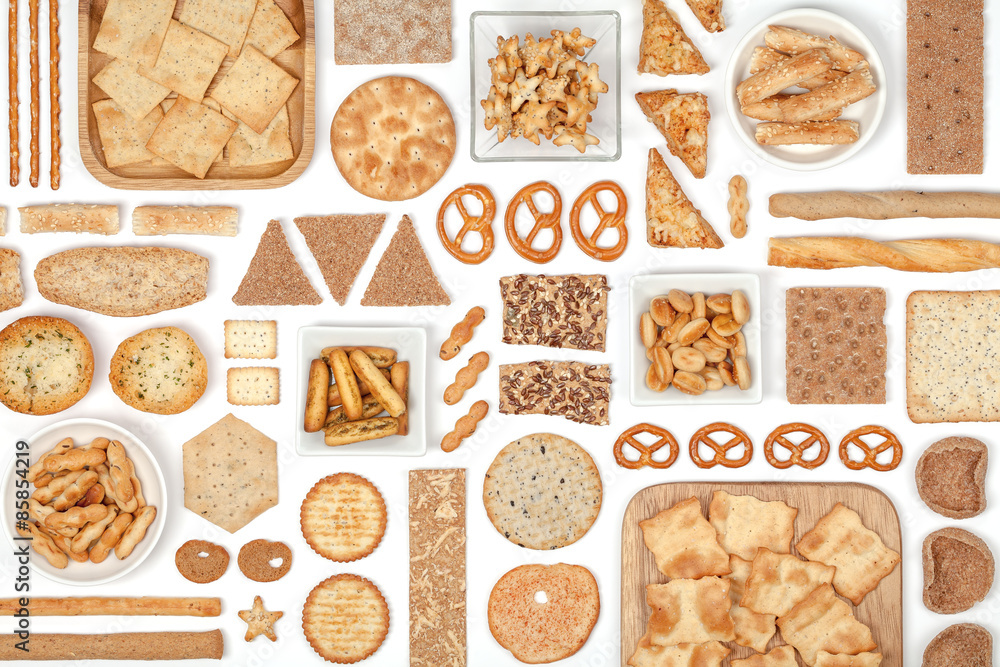 crackers and snacks on white background crackers and snacks on white background