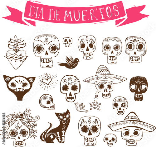 doodles, mexican skull set, day of the dead