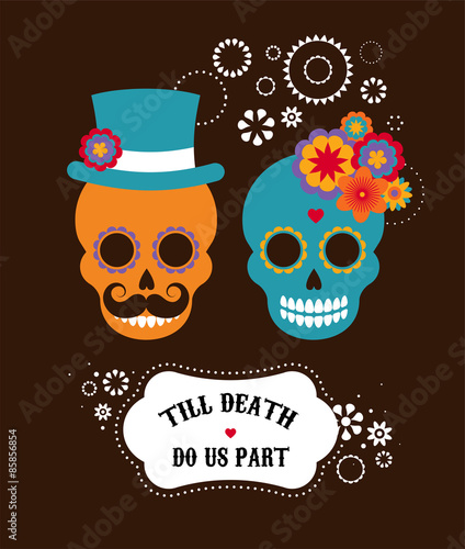 Mexican wedding invitation with two hipster skulls