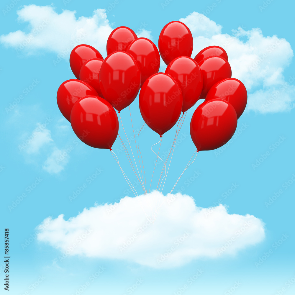 Fototapeta premium Escape conceptual- red balloon holding cloud into the sky background