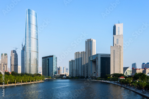 Modern buildings and river in urban city