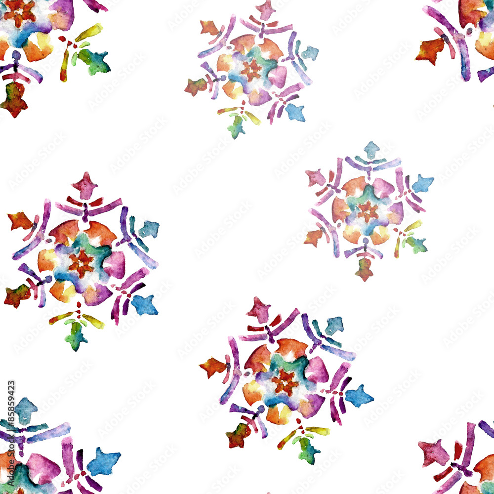 Seamless pattern with snowflakes. Watercolor illustration.