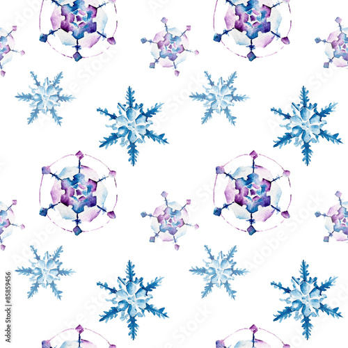 Seamless pattern with snowflakes. Watercolor illustration.