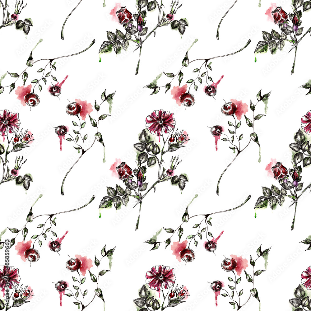 Seamless pattern with flowers. Watercolor illustration.
