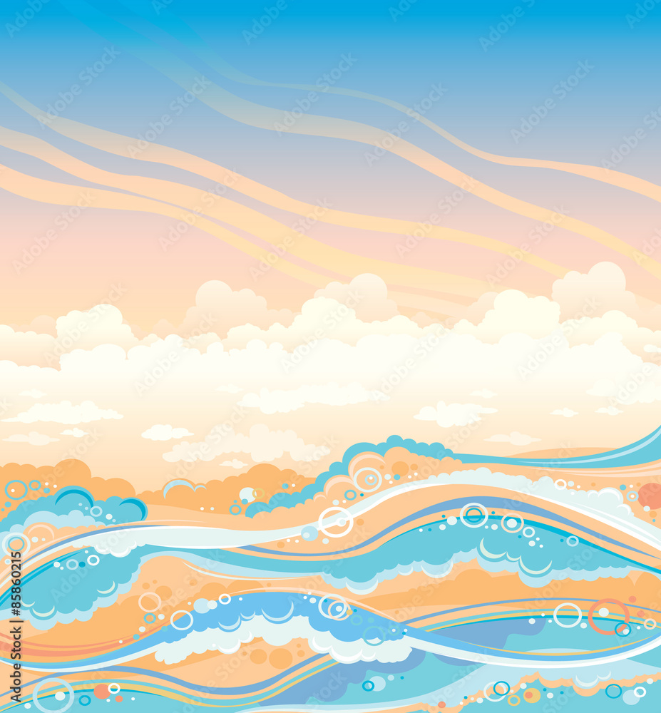 Seascape illustration - waves and sky. Seascape illustration - waves and sky.