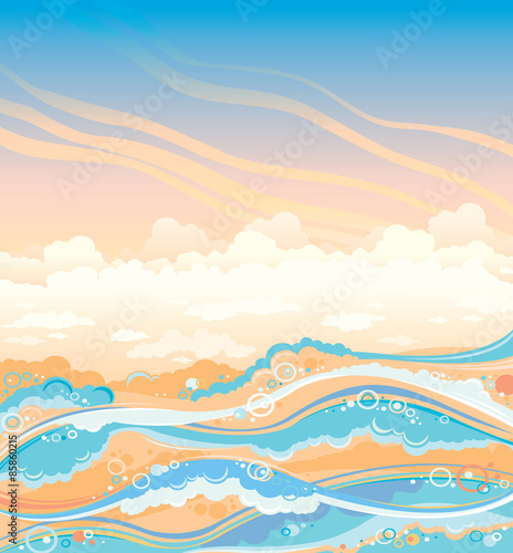 Seascape illustration - waves and sky.