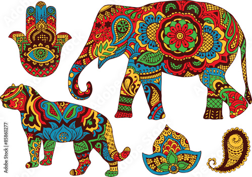 elephant, tiger, Butt and lotus, hand-painted in the style of mehendi