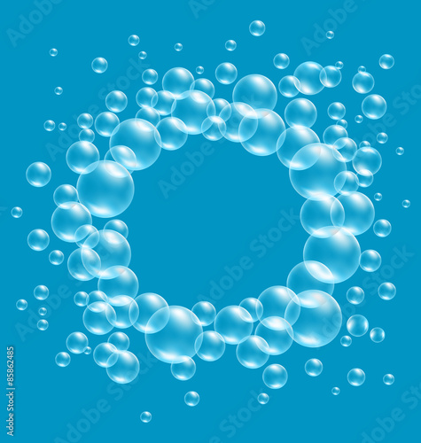 Transparent soap bubbles like frame on blue background