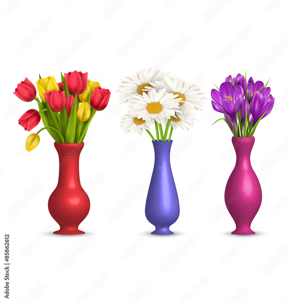 Flowers chamomiles tulips and crocuses in vases isolated on whit Flowers chamomiles tulips and crocuses in vases isolated on whit