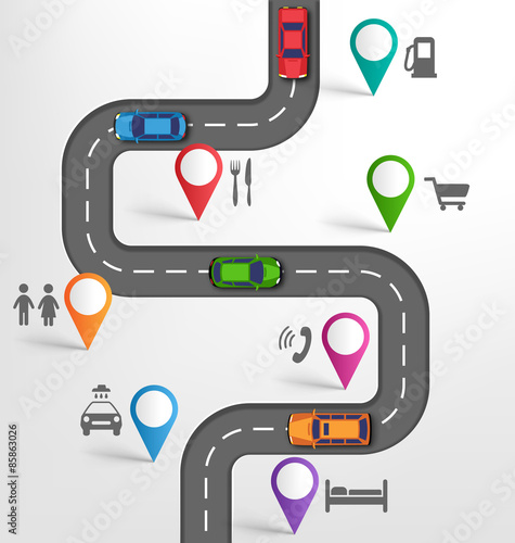 Road Infographic Travel Background with Pins Pointers Stopovers
