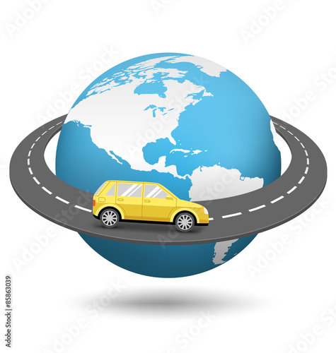 Globe with Road Around the World and Car Isolated on White Backg
