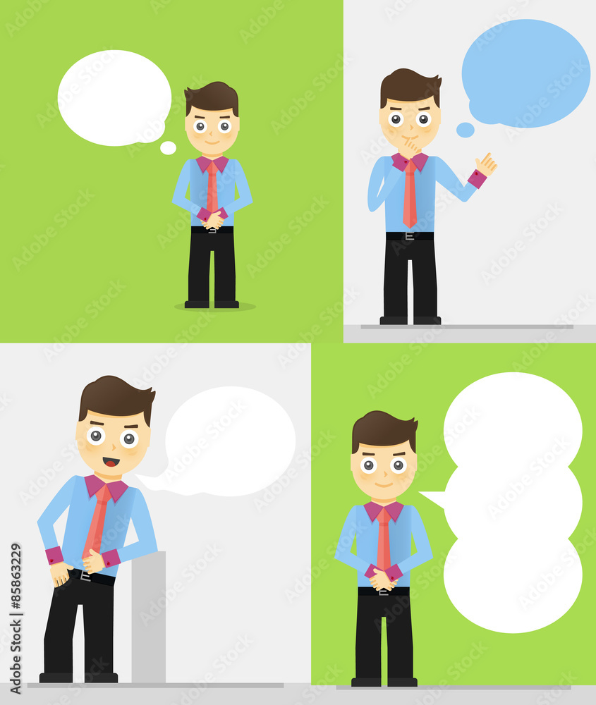 Set of young businessmen with speech bubbles. Talking, thinking Set of young businessmen with speech bubbles. Talking, thinking