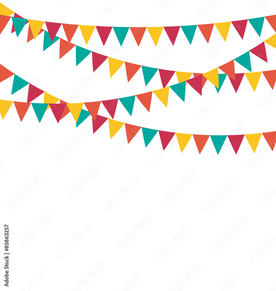 Fototapeta premium Multicolored bright buntings flags garlands isolated on white ba