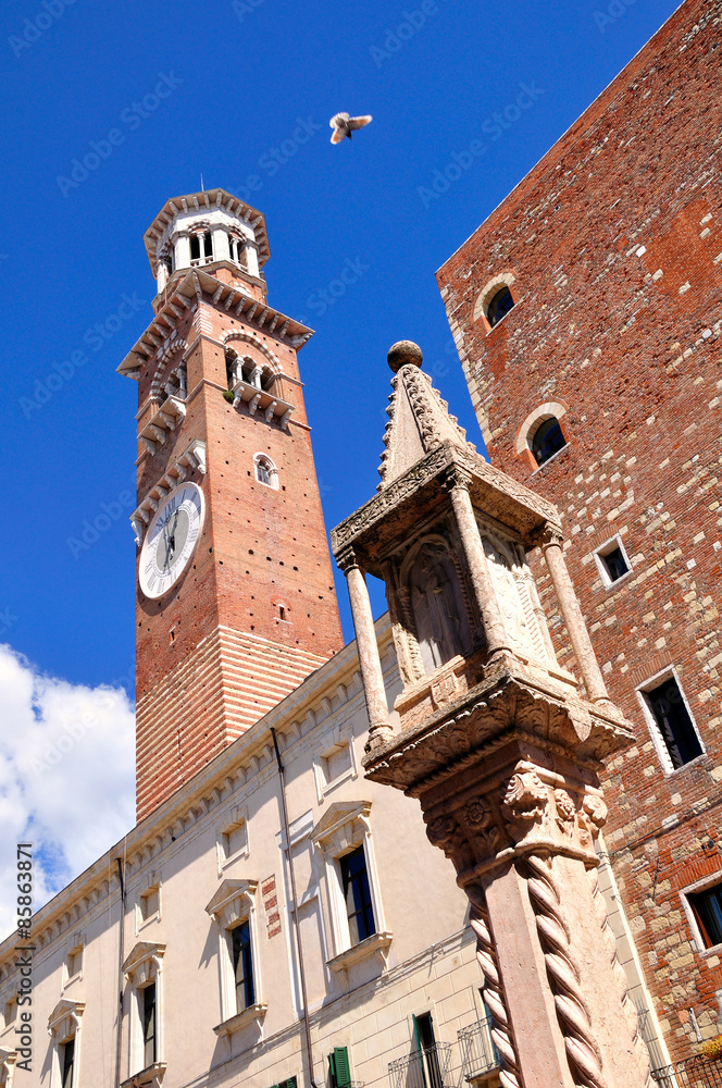 Torre dei Lamberti, one of the tallest towers of Verona. Italy. 