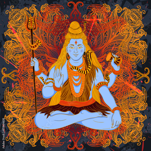 Vintage poster with sitting Indian god Shiva on the grunge background over ornate mandala round pattern. Retro hand drawn vector illustration