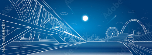 Two trains move on the railroad, vector industrial and transport illustration