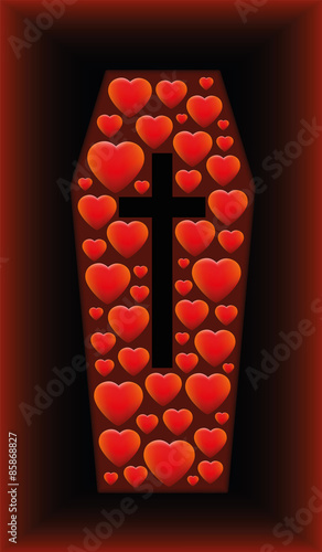 Coffin with hearts sinking in a grave as a symbol for love, sorrow, tragedy and other problems related to heart issues. Vector illustration on black and red gradient background.