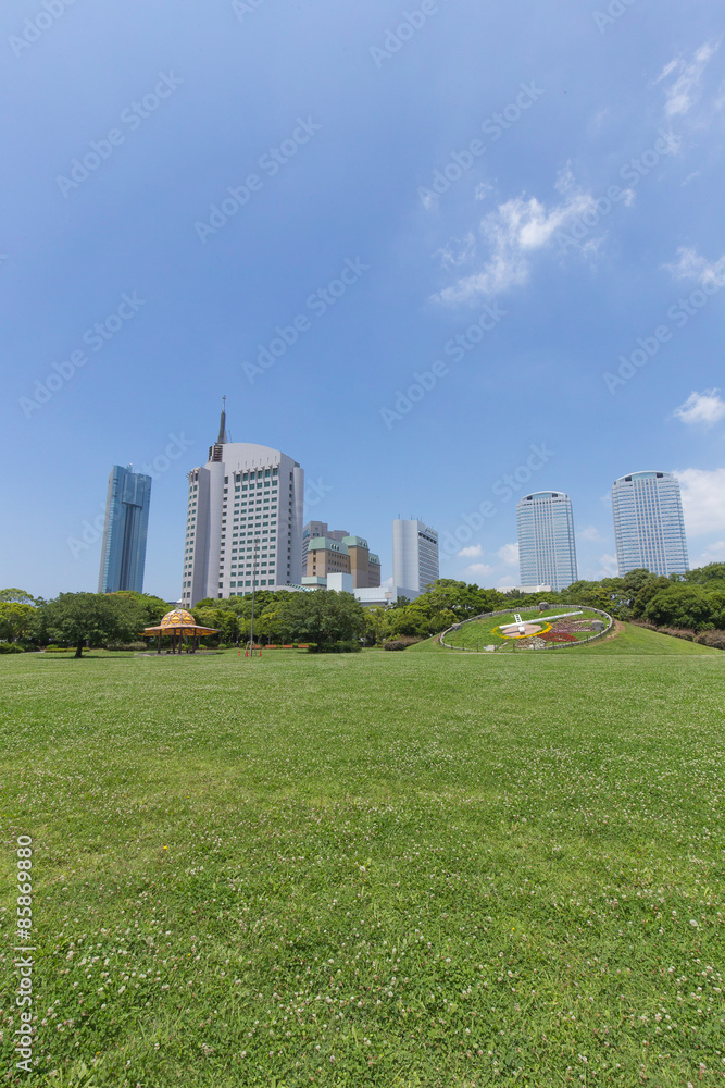 Fototapeta premium 幕張の新緑の公園から高層ビジネスビル街を臨む