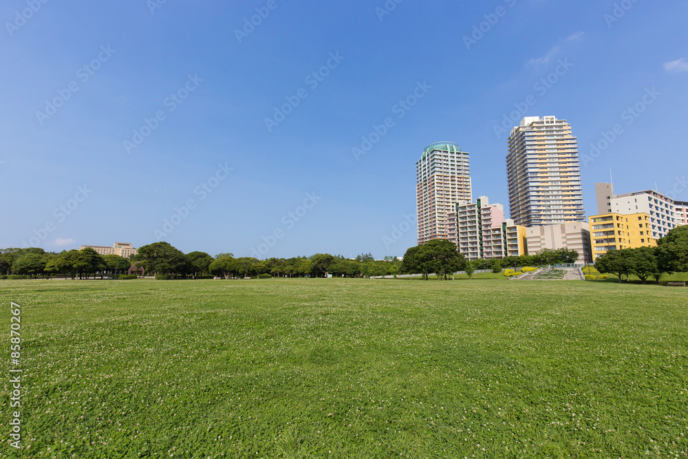 幕張ベイタウンの高層マンションと新緑の公園 幕張ベイタウンの高層マンションと新緑の公園