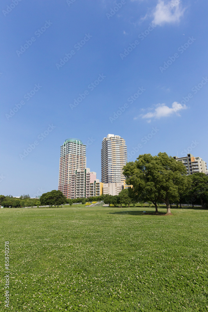 幕張ベイタウンの高層マンションと新緑の公園