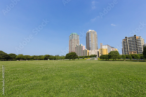 幕張ベイタウンの高層マンションと新緑の公園