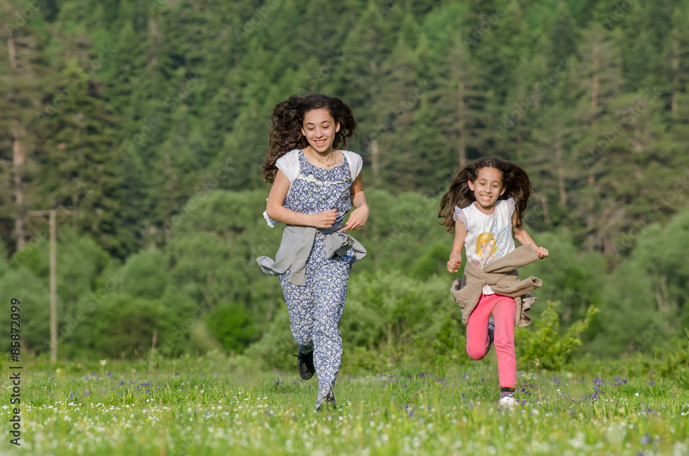 Sisters running on meadow