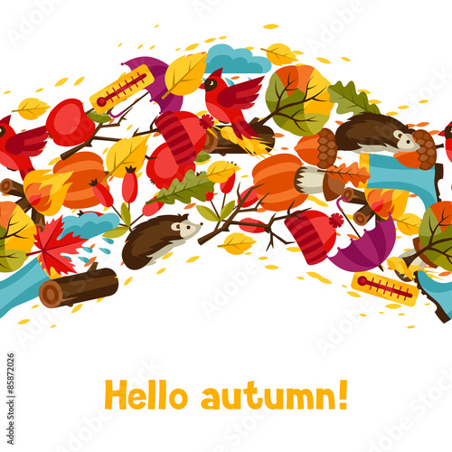 Seamless pattern with autumn icons and objects