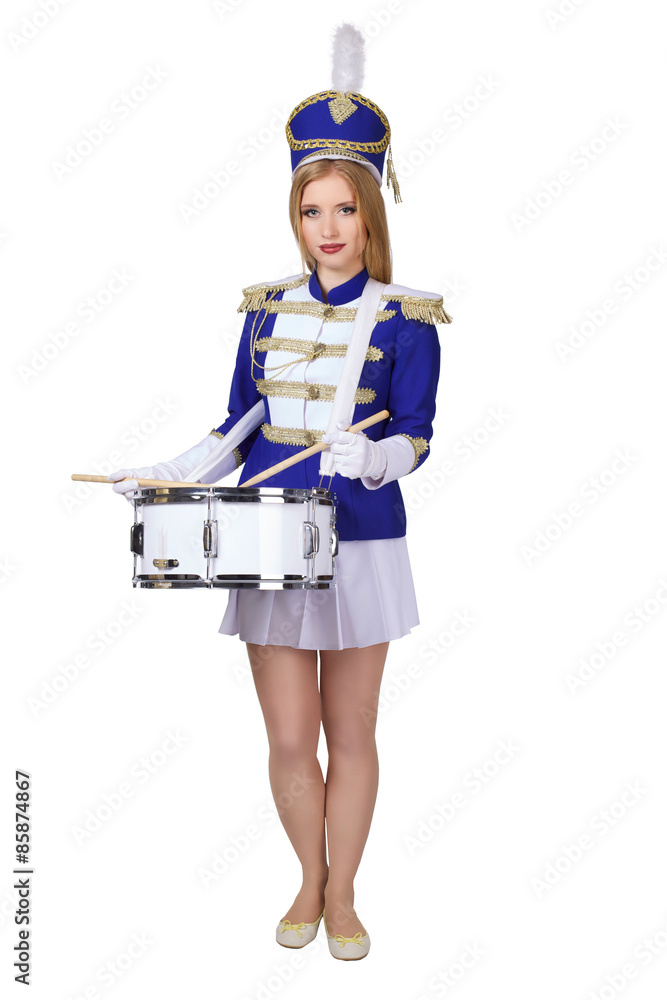 beautiful blond woman cheerleade drummer isolated on white background beautiful blond woman cheerleade drummer isolated on white background