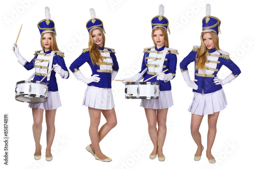 beautiful blond woman  cheerleade drummer isolated on white background 
