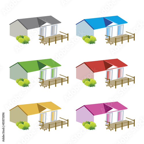 mobil-home décliné en plusieurs couleurs pour des plans de camping (avec terrasse en bois)