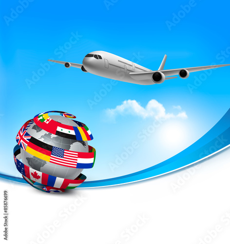 Travel background with an airplane and a globe made of flags. Ve