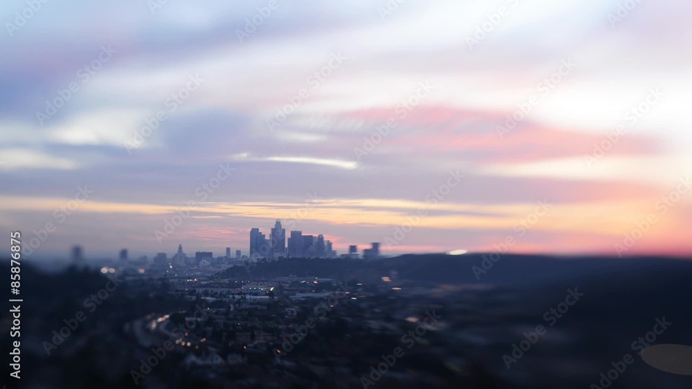 Tilt shift time lapse of downtown Los Angeles Skyline during sunset Tilt shift time lapse of downtown Los Angeles Skyline during sunset