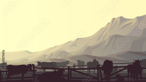 Horizontal illustration of farm pets in background mountains.
