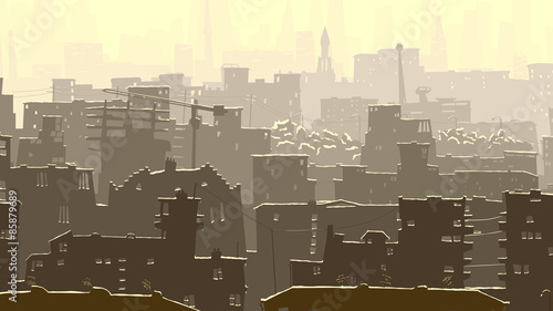 Abstract cartoon illustration of big snowy city.
